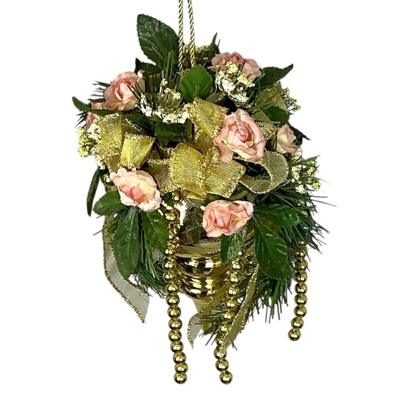 Handmade Other - Floral Hanging Ornament Hand Crafted Pink Coral Rose Gold Accent Vintage 1990 8”